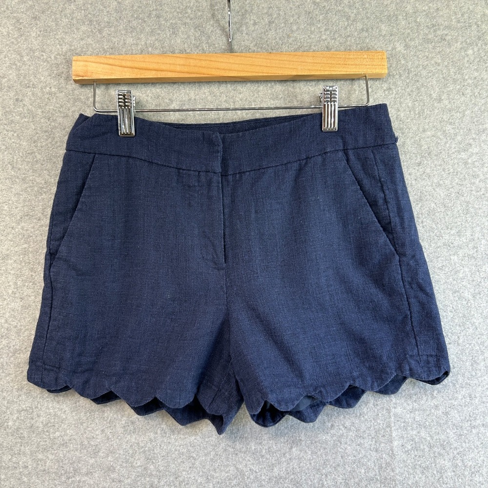 Alice Collection Shorts Navy Blue Scalloped Hem Preppy Linen Blend Womens Size 2